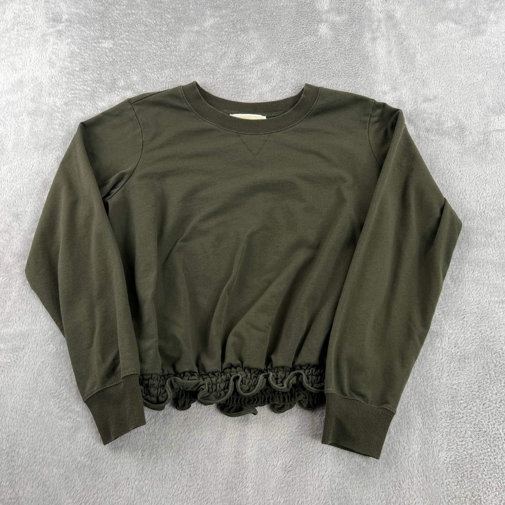 Michael Kors Ruffle Hem Sweatshirt Womens M Olive Green Crew Neck Cropped Knit